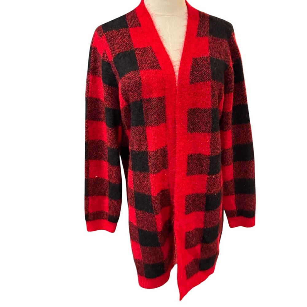 Old Navy Womens L Red Black Buffalo Plaid Longline Open Front Cardigan Sweater